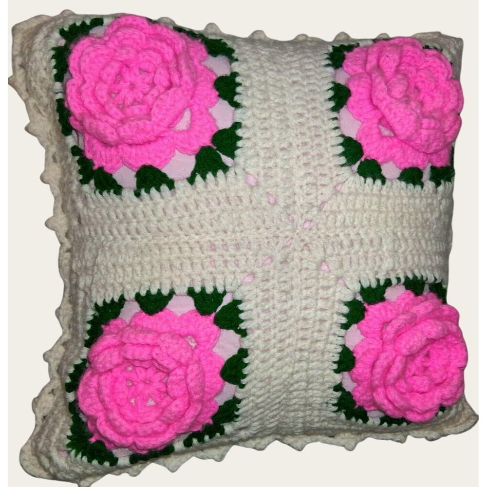 Vintage Handmade Crochet Pillow With Pink Roses 16x16
